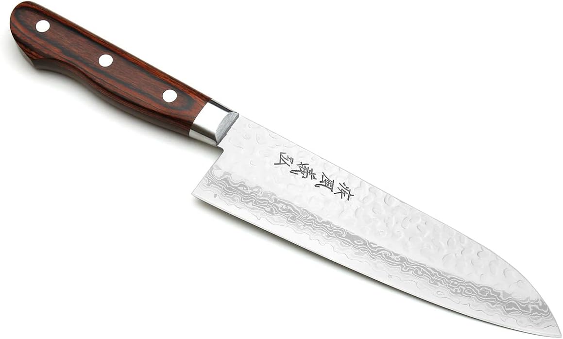 Yoshihiro VG10 16 Layer Hammered Damascus Stainless Steel Santoku Chefs Knife (7'' (180mm))