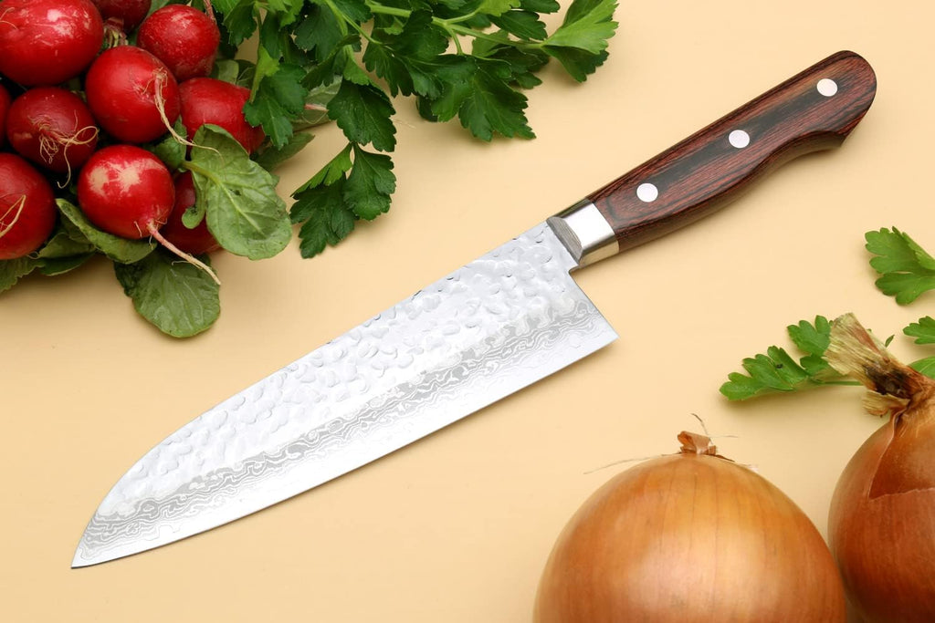 Yoshihiro VG10 16 Layer Hammered Damascus Stainless Steel Santoku Chefs Knife (7'' (180mm))