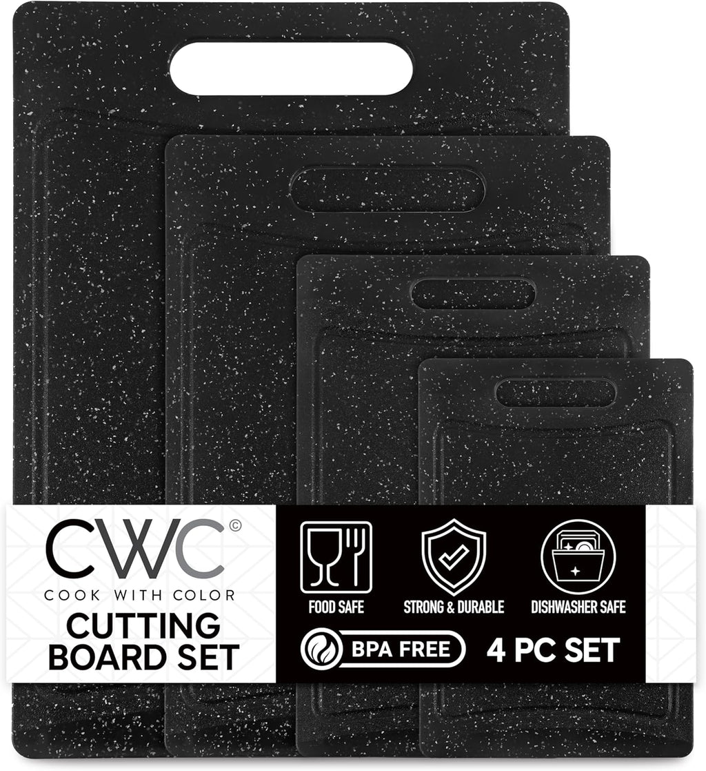 COOK WITH COLOR Non-Slip Cutting Board Set – 4-Piece Easy Grip Kitchen Boards for Meat, Veggies & Fruits (Black)