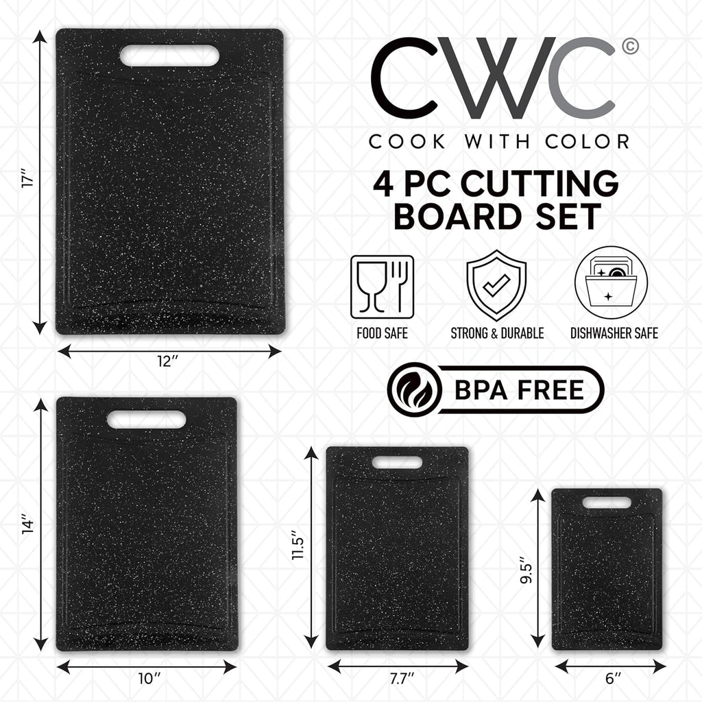 COOK WITH COLOR Non-Slip Cutting Board Set – 4-Piece Easy Grip Kitchen Boards for Meat, Veggies & Fruits (Black)