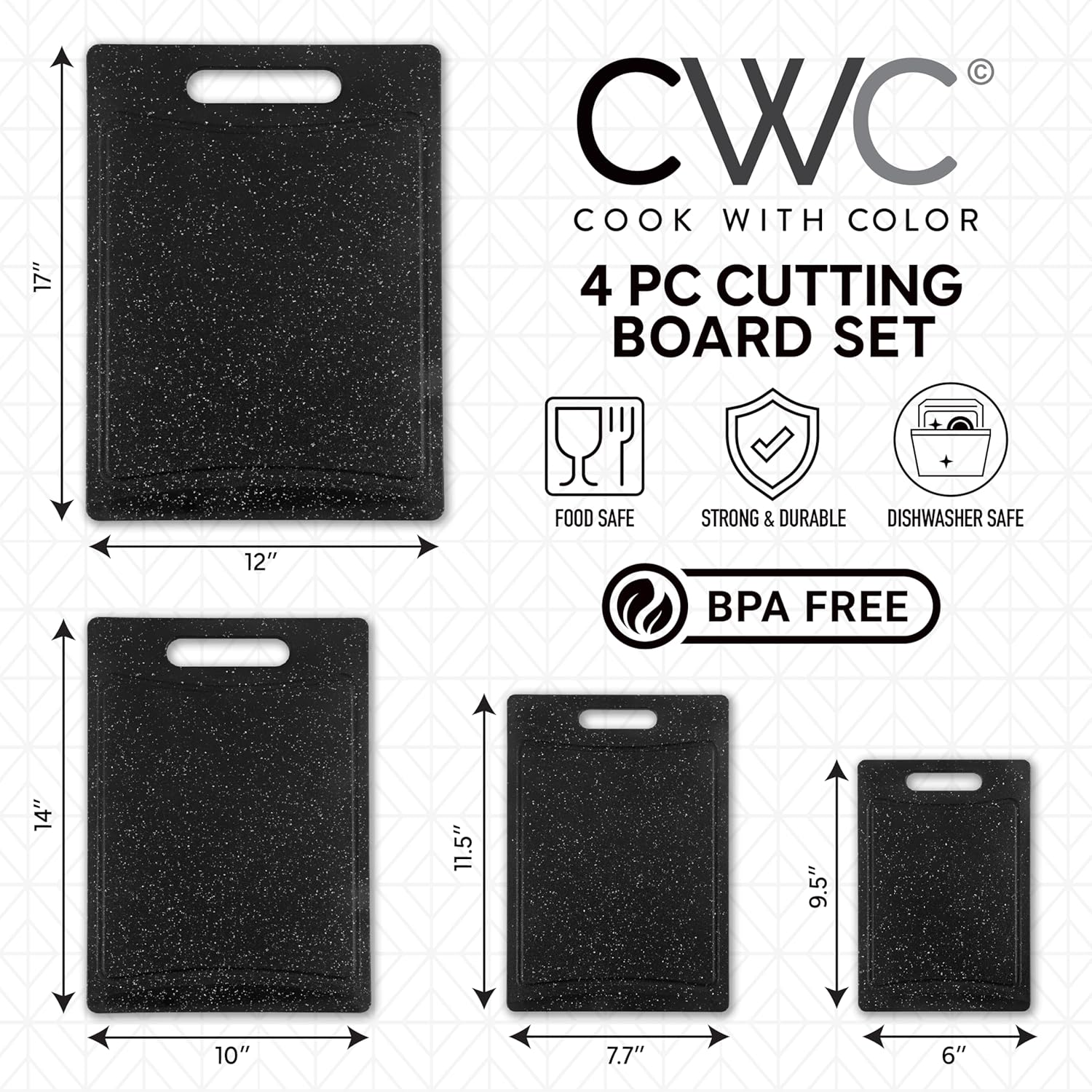 COOK WITH COLOR Non-Slip Cutting Board Set – 4-Piece Easy Grip Kitchen Boards for Meat, Veggies & Fruits (Black)