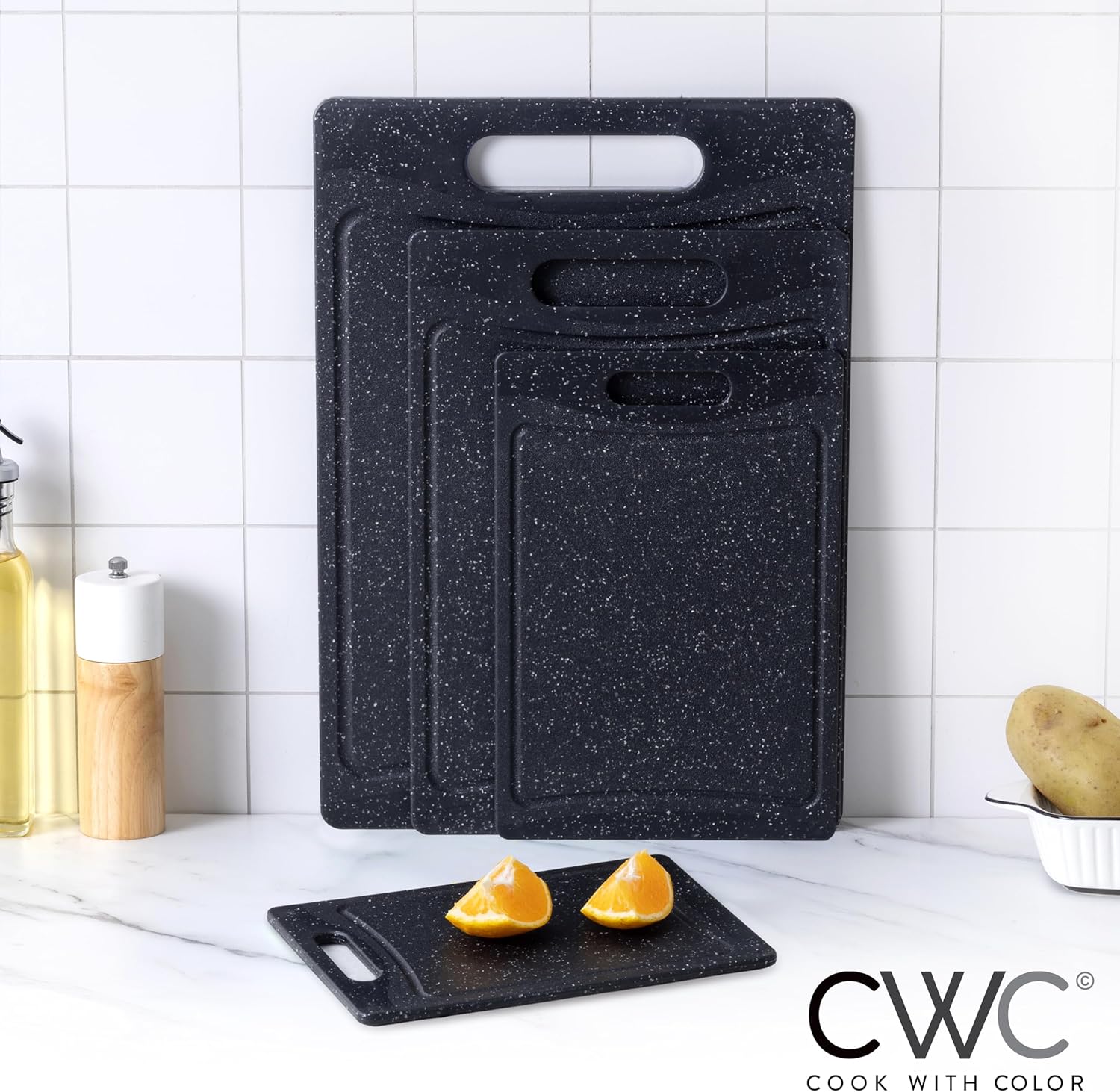 COOK WITH COLOR Non-Slip Cutting Board Set – 4-Piece Easy Grip Kitchen Boards for Meat, Veggies & Fruits (Black)