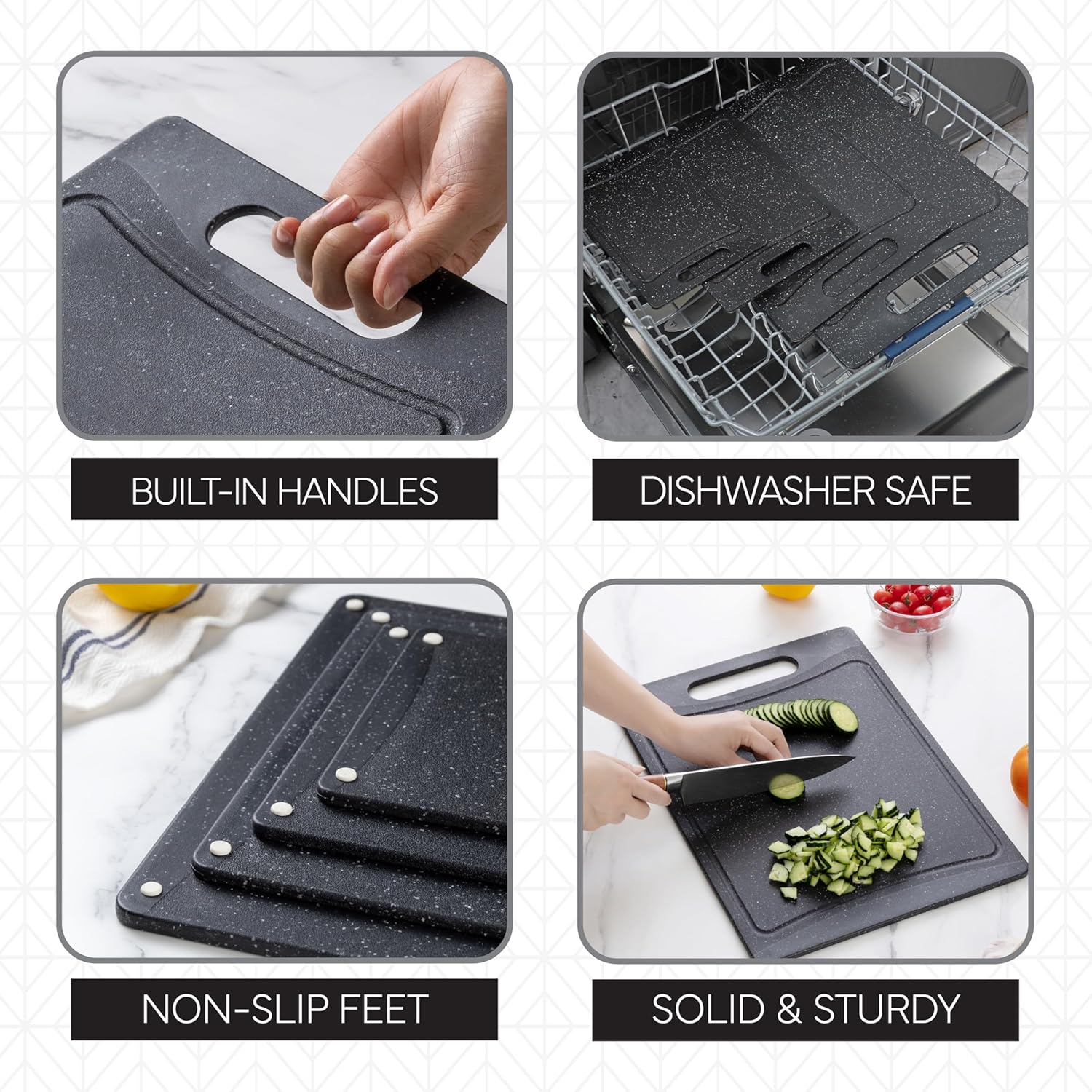 COOK WITH COLOR Non-Slip Cutting Board Set – 4-Piece Easy Grip Kitchen Boards for Meat, Veggies & Fruits (Black)